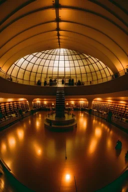 inside of a giant store that is formed like a half sphere (warm lighting)