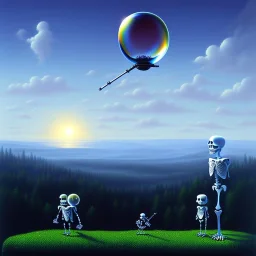 The Skeleton and the Grim Reaper on bubble world, discussing the future of the universe, art by Magritte and Pixar