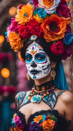 a visually stunning scene of a woman participating in a vibrant Day of the Dead celebration. Highlight the intricate details of the sugar skull makeup, colorful flowers, and festive atmosphere