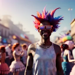 Ultra Realistic photo, medium shot view, drunken dancer woman, carnival scene, monster hair, steampunk. Red hair, confeti, Sunglasses, smile, happy, festival, gradient color fog. highly detailed, concept art, unreal engine 5, ray tracing, RTX, lumen lighting, ultra detail, volumetric lighting, 3d, finely drawn, high definition, high resolution.