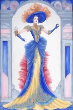 A flamboyant opera dress by artist "Luminous Lapislazuli",by artist "Vibrant Velvet"