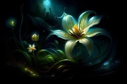 Alexander Jansson || CLOSE UP "Breathtaking, Gorgeous, Glowing Bioluminescent White Spirit Flower, Lily, AT NIGHT, Golden Magic, Gorgeous, Intricate, Extremely Detailed, Beautiful"