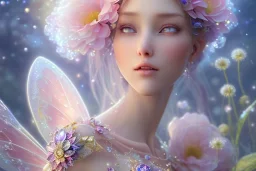 one very little beautiful fairy on a big crystal subtle flower in a galactic ambiance, transparent petals, delicate colors, in the foreground, full of details, smooth, bright sunshine，soft light atmosphere, light effect，vaporwave colorful, concept art, smooth, extremely sharp detail, finely tuned detail, ultra high definition, 8 k, unreal engine 5, ultra sharp focus