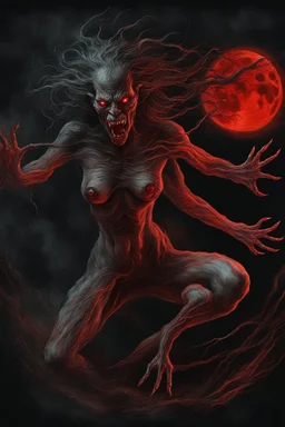 A dramatic digital painting portraying a horror monster under the Red Moon, veins pulsing, claws of temptation visible, soul in turmoil. In the style of Luis Royo and Boris Vallejo, vivid colors, swirling brushstrokes, highly detailed, 8k resolution, surrealistic., juicy emotions, painting, gloomy fantasy, gloomy day, dark world, portrait, oil and graphite, wide strokes, a weaving frame around, by Ryohei Hase, Agnes Cecile, Raymond Swanland, Anne Bachelier