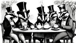 Anthropomorphic European badger wearing a tophat and having a tea party with his other anthropomorphic animal buddies. Etching.