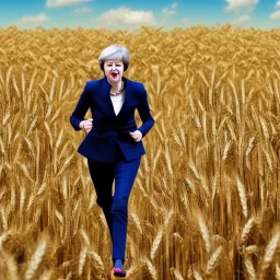 theresa may as a robot, running through fields of wheat, sunshine, daytime, futuristic