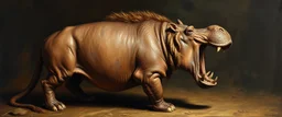 master oil painting by Rembrandt, creature from before the dinosaur lion hippo