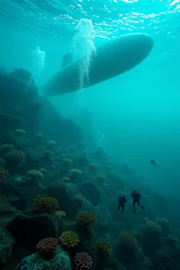 A view of atlantis the lost city under the ocean water with marine plants and a submarine is sinking underwater and small divers are diving around , cinematic scenes , high quality picture with rough water