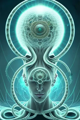 Spiritual sphere with Tentacles over human Head creating reality around, wrapping Tentacles around Human, Dimethyltryptamine