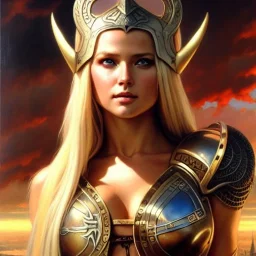portrait 'beautiful Sexy busty Blonde Sif',long hair,horned helmet, celtic tattoed,painting by gaston bussiere, greg rutkowski, yoji shinkawa, yoshitaka amano, tsutomu nihei, donato giancola, tim hildebrandt, oil on canvas, cinematic composition, extreme detail,fit full head inside picture,32k