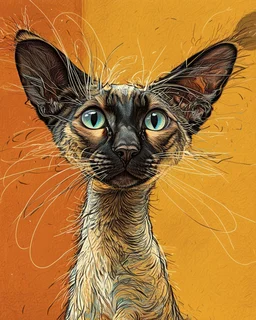 Create a vividly realistic visual composition to conceptually complement A whimsical, wacky Oriental shorthair chocolate point Siamese with blue eyes and a delightfully scattered and unkempt coat, sporting long strands of hair that stick out in every direction, as if electrified by static, its whiskers twitching with mischief, while its ears perk up with an air of sly secrecy, the cat's body appears to be whispering away from itself, as if its very essence is being slowly sucked out, leaving beh