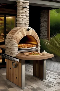 pizza oven with wood handle, rotating stone and integrated door