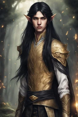 young elven of seventeen years old, golden eyes and straight black hair, dressed in epic clothes