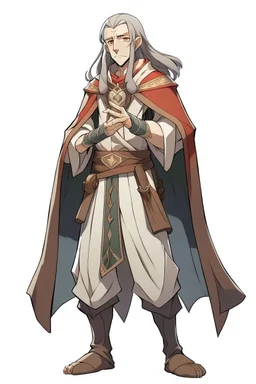 anime high elf male in his fifties wearing medieval tunic with hands behind his back