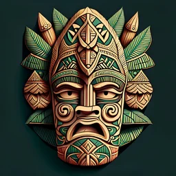 Generate a one-dimensional, flat illustration of a Tiki head with intricate, detailed ornaments. The image should have no shadows and be in a style reminiscent of traditional Tiki art.