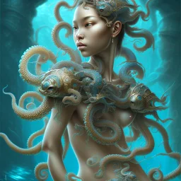 Sango fantasy, fantasy magic, intricate, sharp focus, illustration, highly detailed, digital painting, concept art, matte, art germ and Paul Lewin and Kehinde Wiley, masterpiece Japanese head bronze octopus' Asian African girl nice breast Thai hair turquoise silver blue under water