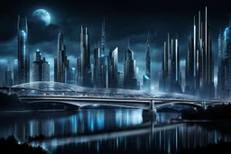 Dreamlike skyline of downtown weird futuristic hightech dark city in 4050 and a stunning futuristic unique glass-metallic shiny bridge during moonlight over the dark silver color river, cold colors, evil atmosphere, high detalied, dark sci-fi mood,distopia, landscape