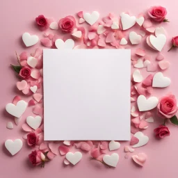 A photo of a white card, 5.5 by 4.25 inches. The card is vertically positioned on a beautiful light pink surface, positioned between pink rose petals and litte golden hearts.