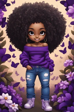 Create a detailed and vibrant charcoal illustration of a chibi black thick female and curly tight afro. She is wearing a purple off-shoulder sweater, blue torn jeans, and tan-colored boots with fluffy white trim. SHe has a confident and cheerful expression, with large expressive eyes and a bright smile. background of black and purple butterflies and magnolia flowers around her