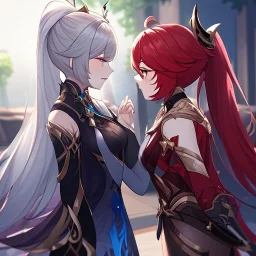 High quality, Detailed, 1girls, looking at eachother very angrily, wearing a genshin inspired outfit, the outfit has some holes, the outfit also has a very see through fabric, grey hair with on ponytail, red hair, about to slap eachother