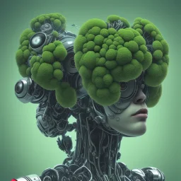 and the winner of the 'most hilarious punk robot' title is: a beautiful full frame portrait digital painting of futuristic broccolipunk robot, wide angle view, extreme close-up, macro lens, centered camera, titanium accents, intricate details, colorful, 8k, least ambient occlusion, volumetric lighting, volumetric clouds