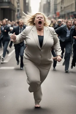 an obese terrified blonde woman crying and sobbing in a pant suit desperately running away from an angry mob of thousands of people chasing her down a city street while she is flailing her arms for dear life