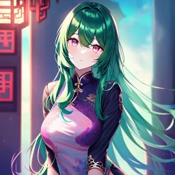 girl, masterpiece, best quality, cinematic lighting, detailed outfit, perfect eyes, vibrant colors, green hair, vibrant pink eyes, chinese clothes