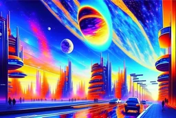 Epic futuristic street, exoplanet in the sky, impressionism painting