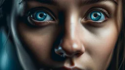 Captivating face in close-up, huge, luminous eyes conveying deep emotion, fixed, penetrating gaze directed at the viewer, soft, attentive facial expression, lips gently curved when speaking, soft side light highlighting features, personal and emotional atmosphere, artistic portrait style