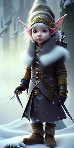 Tiny cute and adorable elven adventurer dressed in a warm overcoat with survival gear on a winters day, jean - baptiste monge, anthropomorphic --ar 2:3 --beta --up