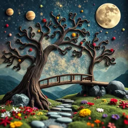 Photograph hasselblad h6d400c --ar 85:128 --v 6.0 of a fairy old bewitched bridge, tree, made of felt art, 3d deep field, wide angle landscape scene, Yves Tanguy, galaxies and planets, needlepoint, abstract silhoutte, expressionist style, colorful holiday