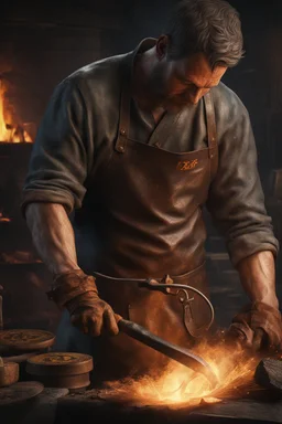 Close view of dirty blacksmith with Leather apron, a man holding he's forearm, the blacksmith is burning the Bitcoin logo with an branding iron onto the arm of a screaming man, hot oven in background, dirty room, 8k, super realistic, very detailed, eary feeling, emphasis on the logo