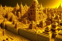 A golden yellow electrical city designed in Mayan architecture