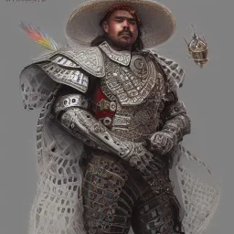 portrait,"Insanely detailed photograph of an armored mariachi warrior", highly intricate chainmail charo,colorful Sombrero,elegant, highly detailed D20, digital painting, artstation, concept art, smooth, sharp focus, illustration, art by artgerm and greg rutkowski and alphonse mucha, 8 k