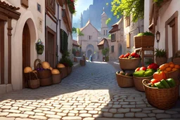 donkey on a path in Thira, Greece, baskets with vegetables on his back, cobblestone pavement, hyper realistic, detailed, accurate, beautifully ornamented houses, open aperture, style Isabel Kreitz