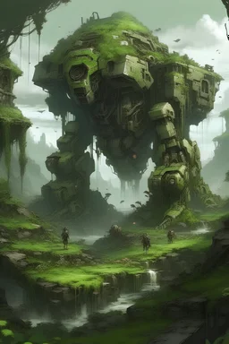 a forgotten and abandoned epic overgrown world ruled by mechs which are half made of stone