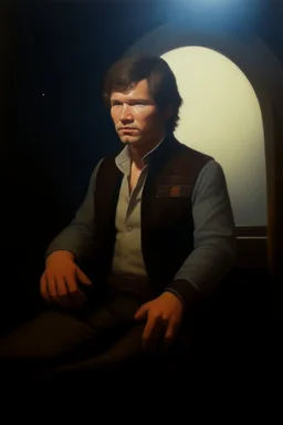 1970's dark fantasy cover dnd style oil painting of fat han solo with minimalist far perspective