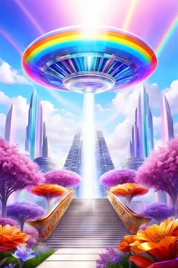 Ufo rainbow, futuriste ultra moderne,stairway to heaven,crystal very beautiful city,flowers garden,angels