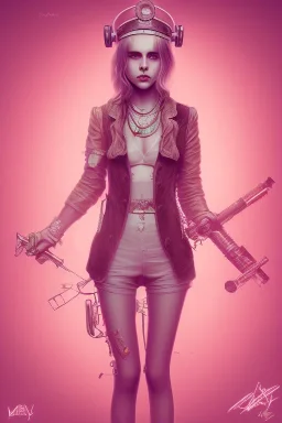 Danish Singer MØ cute in style steampunk, pink tones, high lighting