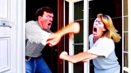 lady angry with man installing the screen door