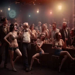 Realistic photo, American shot view, old man, cabaret scene, steampunk. Women, Drunken, Sunglasses, smoking, happy, hot. Many people background, highly detailed, concept art, unreal engine 5, ray tracing, RTX, lumen lighting, ultra detail, volumetric lighting, 3d, finely drawn, high definition, high resolution.