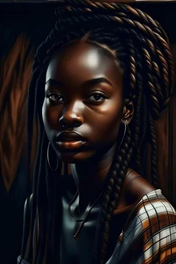 beautiful black girl, very dark skin, box braids, 4k, painted, in the style of Ferdinand Knab