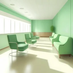 Salle d'attente, hôpital, chaises, vert pastel, et bois, retro futuristic