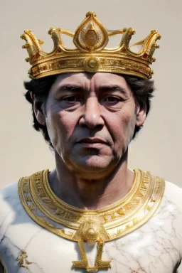 Ultra Realistic image, classic sculpture, white marble material, Maradona, gold laurel leaves crown, gold veins, gold ornaments, sun rays background, waist up portrait, epic, celestial, cinematic lighting, God lights, 4k resolution, smooth details, soft lighting, unreal engine 5, art station, substance 3d.