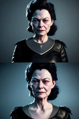 Meg tilly as evil queen in black leather gown, cleavage, angry, stern look, unreal 5, octane render,cinema4d, dynamic lighting, dramatic lighting, 4k, redshift render, highly detailed, hyper realistic