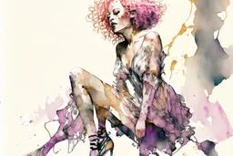 A beautiful woman with knee-length curly pink hair, wearing a spider-sleeved ankle-length tie-dye kaftan and silver high-heeled sandals, double exposure, merged layers, watercolor and black ink outlines, soft, shading strokes, cracked marble holographic background, the cracks are golden S<AI in sunshine