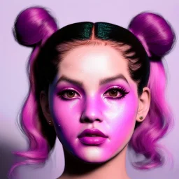 Rosalía artist, pink eyeliner, black makeup from the forehead to the cheeks, pigtails hair, gold, pink, geisha, led lights, fog, rain, latex, vibrant color, highly detailed, art stations, concept art, smooth, unreal engine 5, god rays, ray tracing, RTX, lumen lighting, ultra detail, volumetric lighting, 3d, finely drawn, high definition, high resolution.