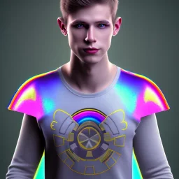 full body photo of smiling feminine pretty 19 year old boy wearing a star wars shirt, with rainbow glitter eye make-up, flat chest, pronounced adam's apples, short and long pink hair, no body hair, no tattoos, lgbt, transgender, highly detailed, photo realistic, plain background, still shot, photo realism, full body photo, 8k high resolution, high detail, --ar 2:3 --v 4