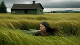 A woman in a green dress lies in a field of tall, golden grass, her dark hair blowing in the wind. In the distance, on a hill, are two gray wooden houses and a barn. The sky is gray and overcast.