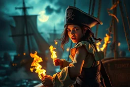 master oil painting, bad ass girl teen age nerd swashbuckler pirates fighting with torches and cannons in the night screaming like crazy as the enemy is boarding, in the style of Fallout 4 , bokeh like f/0.8, tilt-shift lens 8k, high detail, smooth render, down-light, unreal engine, prize winning